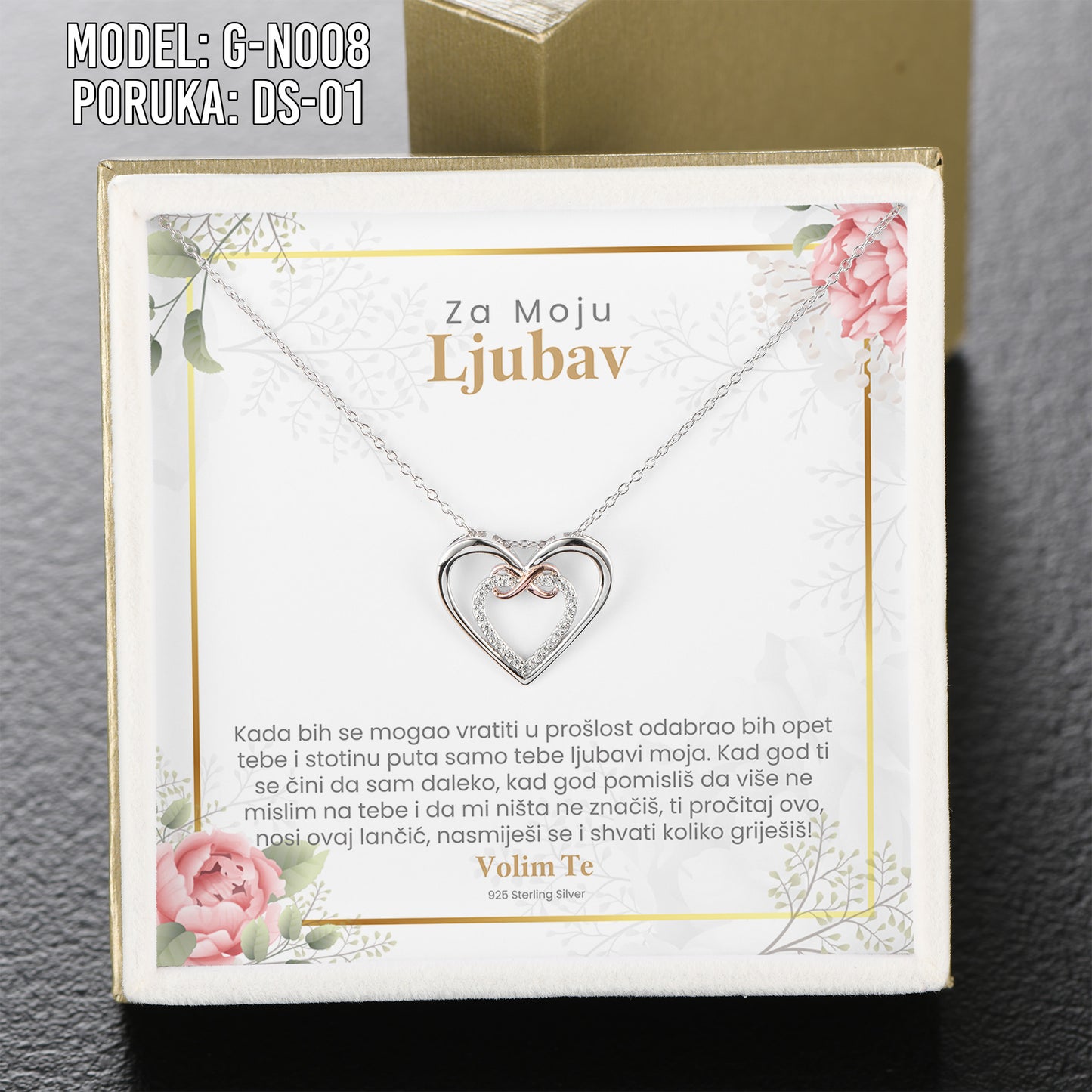 Za Moju Ljubav - 925 Srebreni Lančić Srce- Poklon za Djevojku/Suprugu sa Porukom - G-N008