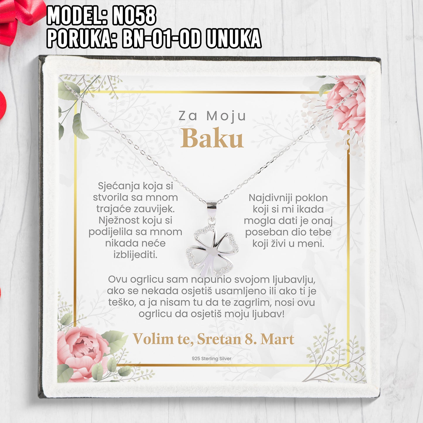 Poklon za Baku/Nanu za 8. Mart - 925 Srebreni Lančić sa Emotivnom Posvetom