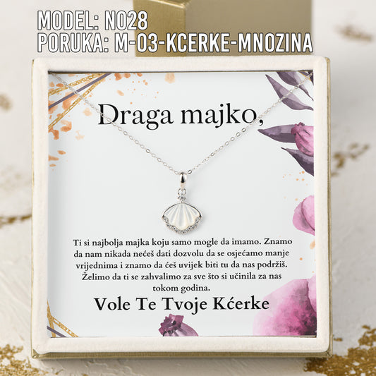 Draga Majko - 925 Srebreni Lančić Školja - Poklon za Majku sa Porukom od Kćerki