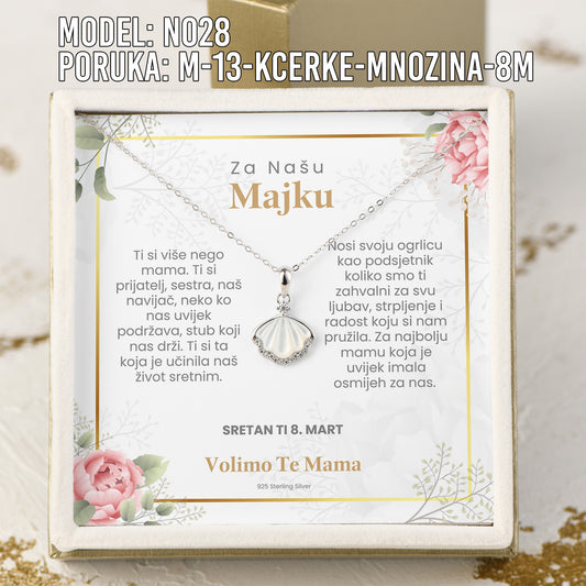 Za Našu Mamu - 925 Srebreni Lančić Školjka- Poklon za Majku za 8. Mart sa Porukom od Kćerki