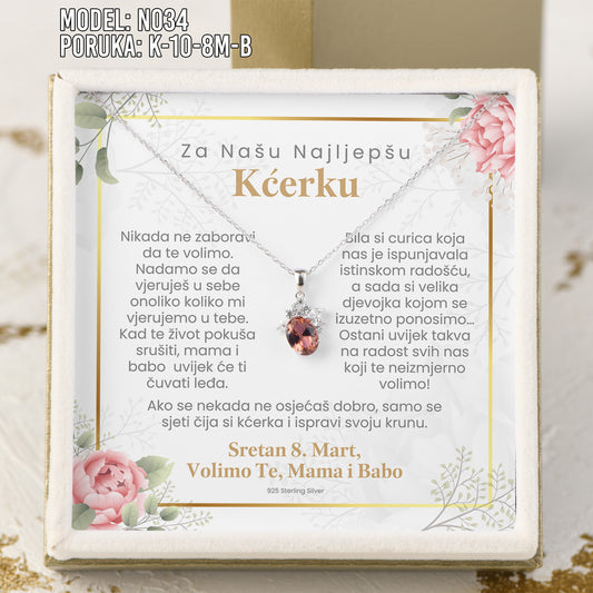 Za Našu Najlepšu Kćerku - 925 Srebreni Lančić Roze Cvet - Poklon za Kćerku za 8. Mart sa Porukom od Mame i Babe