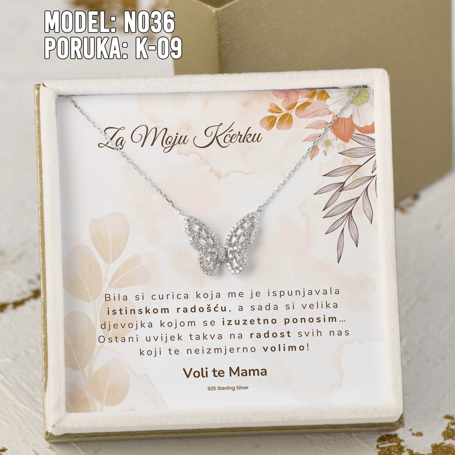 Za Moju Kćerku - 925 Srebreni Lančić Leptir - Poklon za Kćerku sa Porukom od Mame