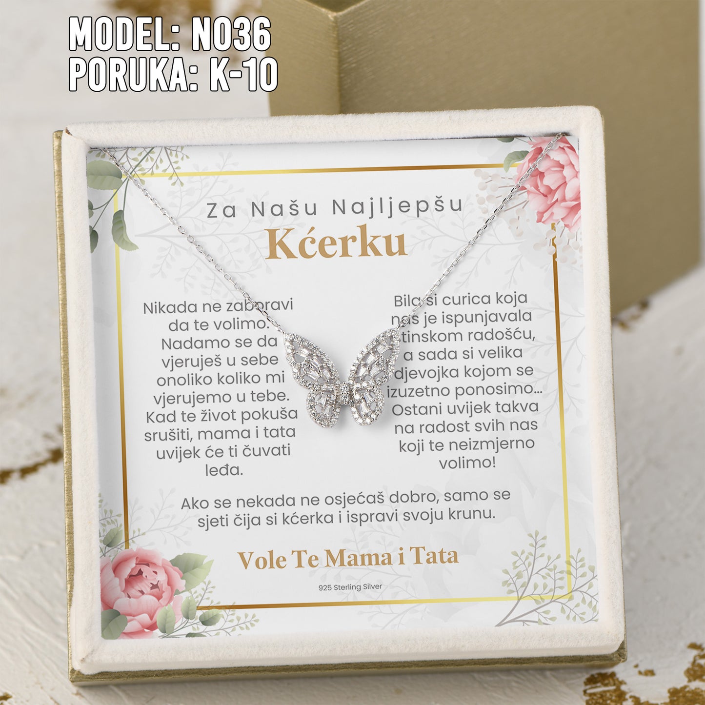 Za Našu Najlepšu Kćerku - 925 Srebreni Lančić Leptir - Poklon za Kćerku sa Porukom od Mame i Tate
