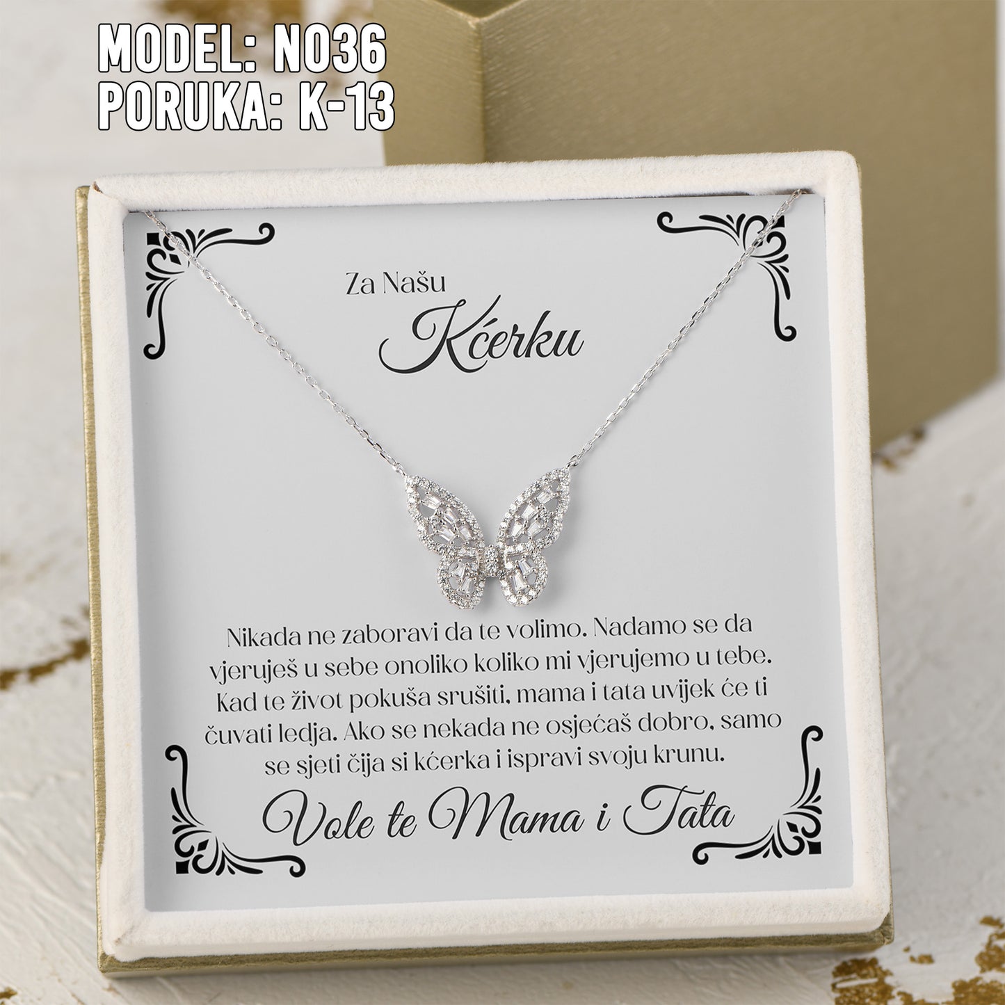 Za Našu Kćerku - 925 Srebreni Lančić Leptir - Poklon za Kćerku sa Porukom od Mame i Tate