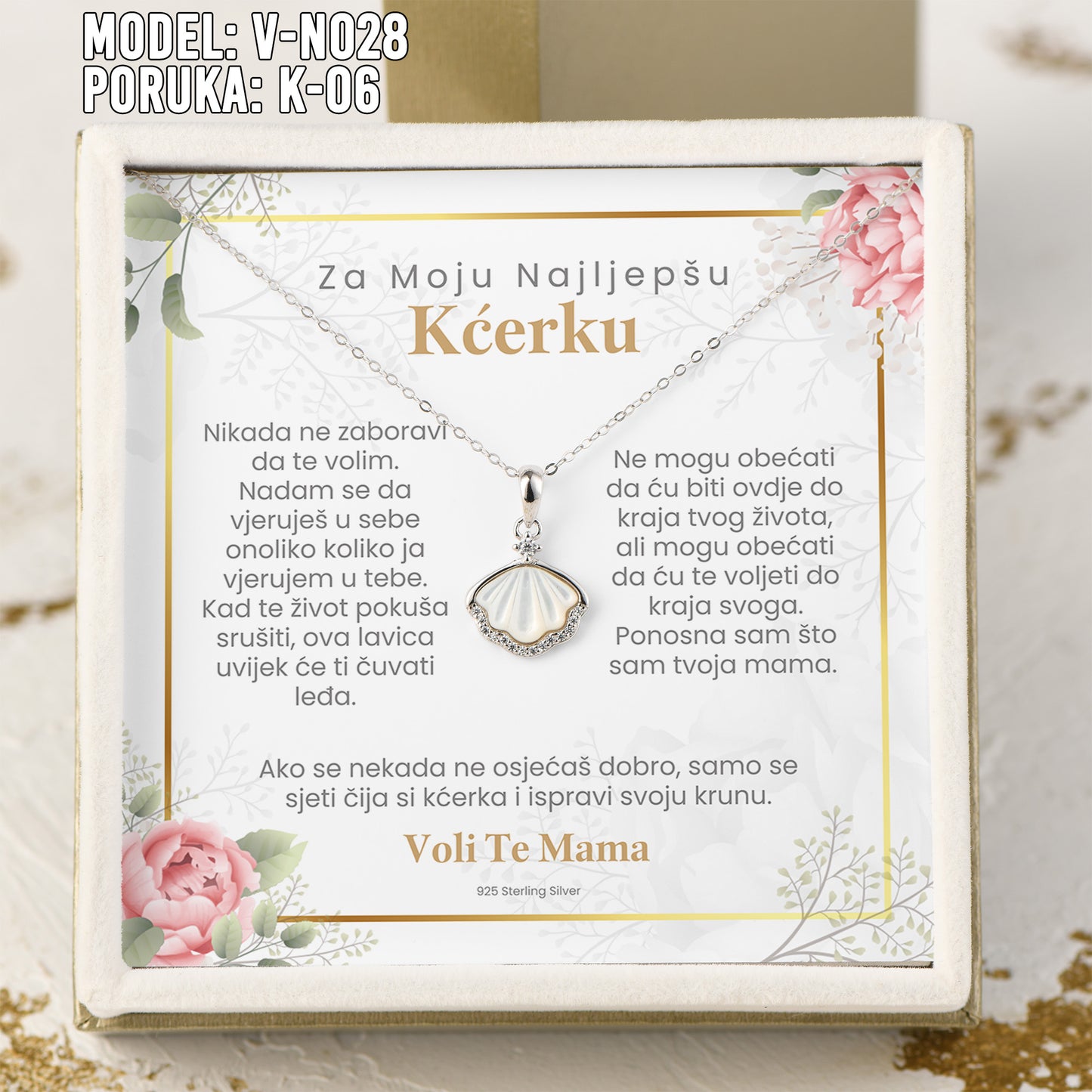 Za Moju Najljepšu Kćerku - 925 Srebreni Lančić Školjka - Poklon za Kćerku sa Porukom od Mame