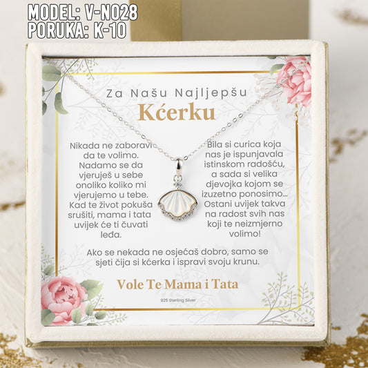 Za Našu Najljepšu Kćerku - 925 Srebreni Lančić Školjka - Poklon za Kćerku sa Porukom od Mame i Tate
