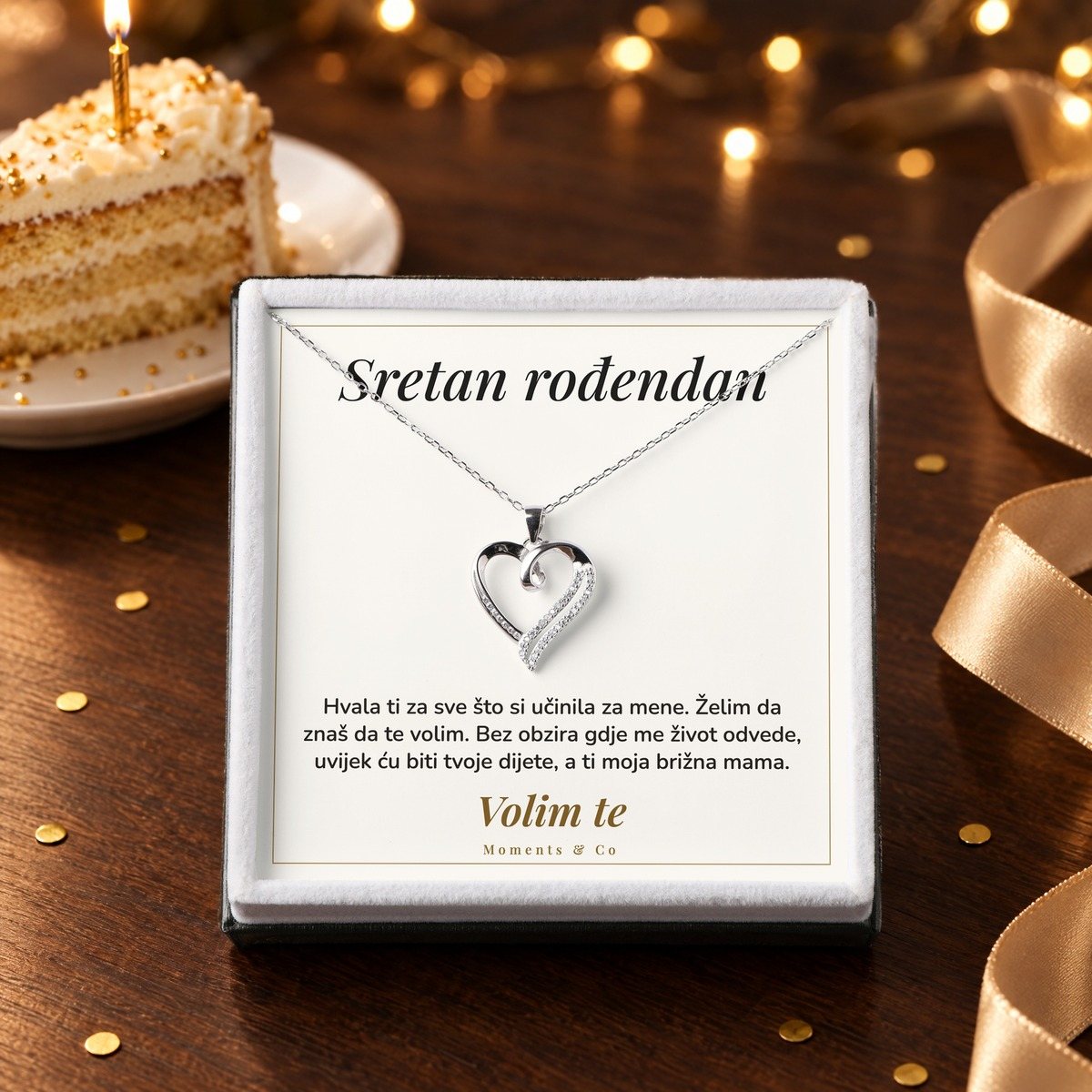 Kartica Sretan rođendan uz srebrni lančić sa srcem