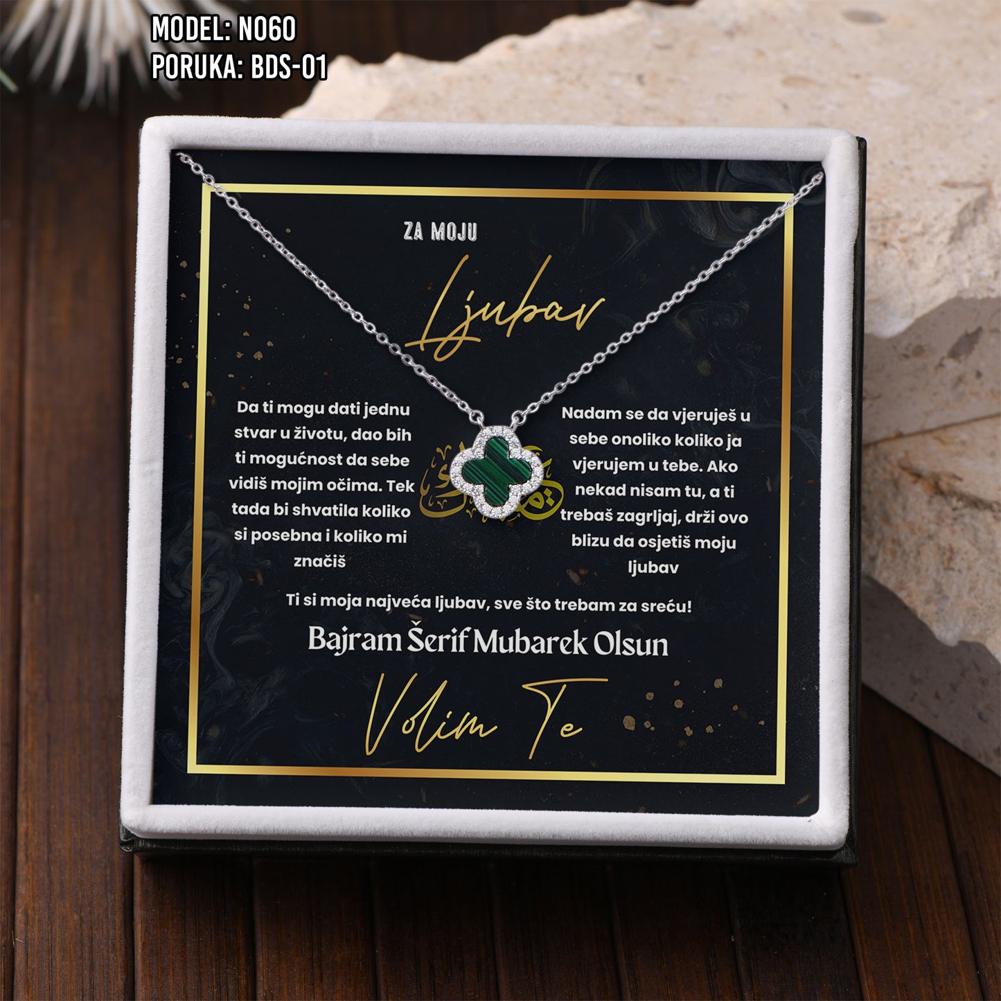 Poklon za Bajram za voljenu osobu – ogrlica sa djetelinom sa 4 lista i porukom