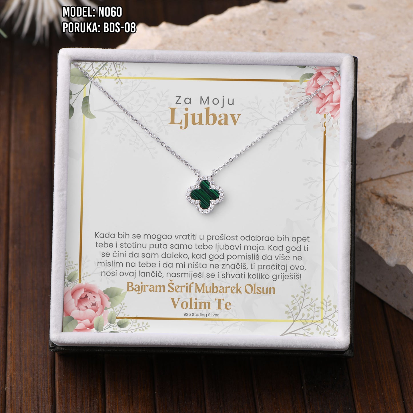 Poklon za Bajram za voljenu osobu – ogrlica sa djetelinom sa 4 lista i porukom