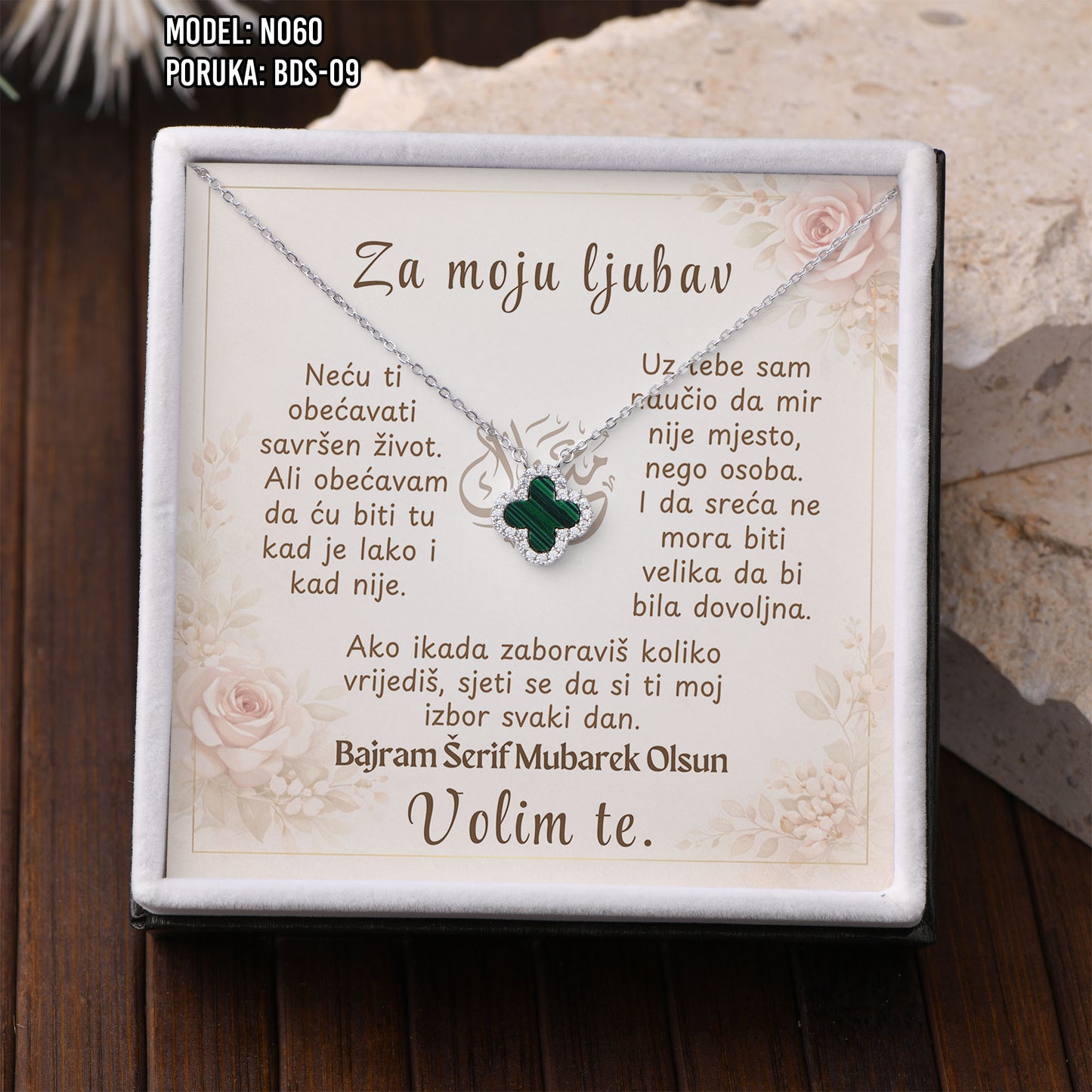 Poklon za Bajram za voljenu osobu – ogrlica sa djetelinom sa 4 lista i porukom