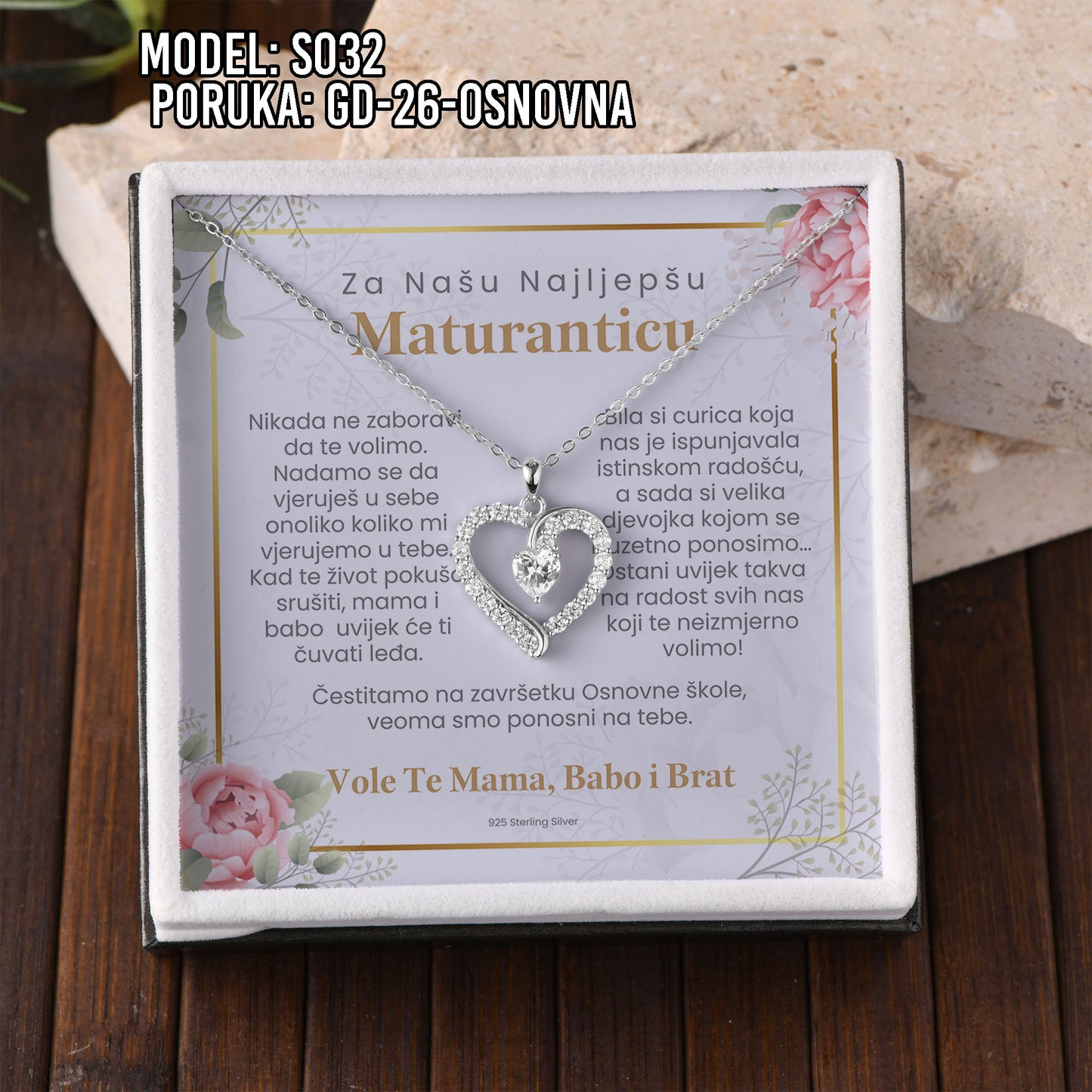925 Srebrna Ogrlica sa Srcem – Poklon za Maturanticu sa Porukom
