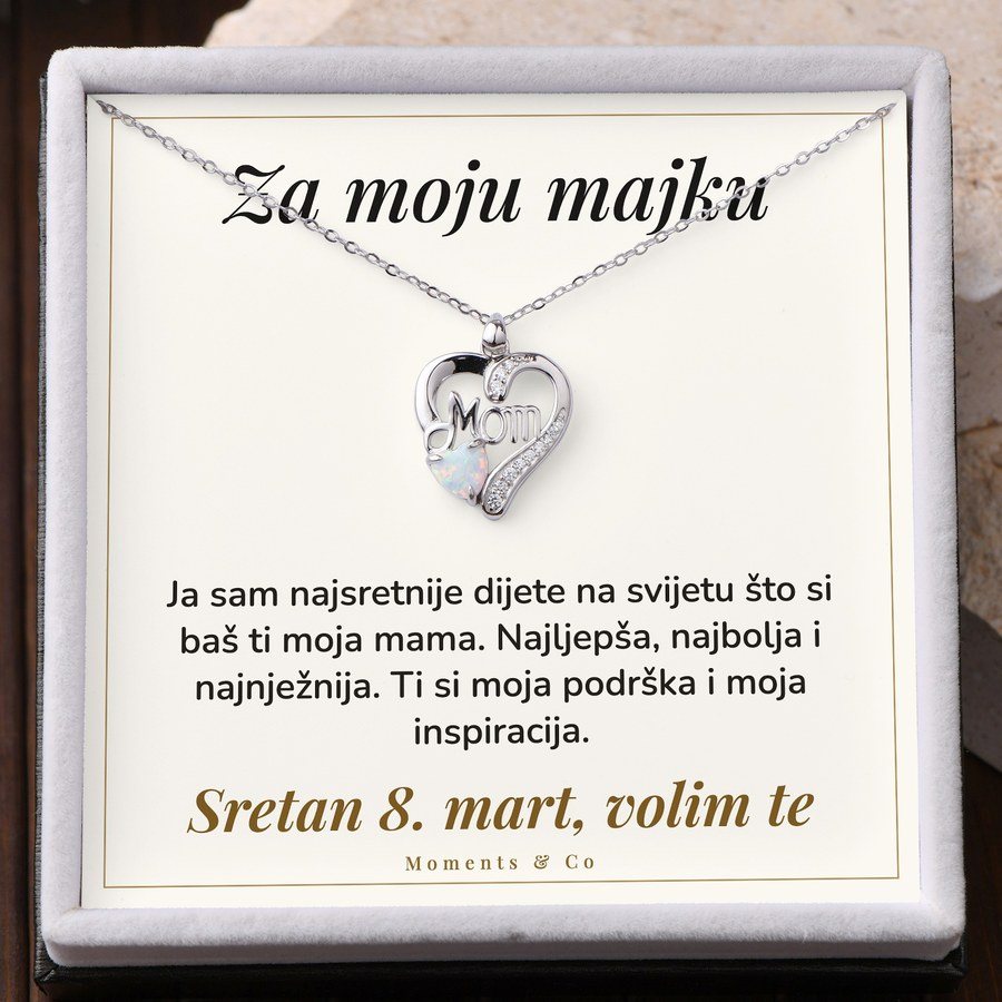 Kartica Za moju majku uz lančić Mom srce u poklon kutiji