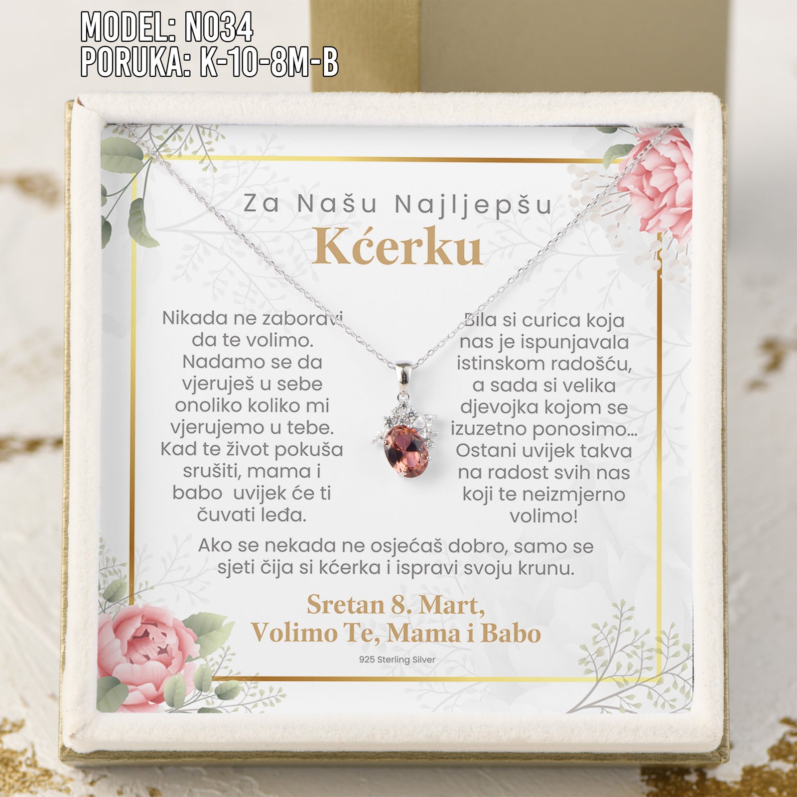 Za Našu Najlepšu Kćerku - 925 Srebreni Lančić Roze Cvet - Poklon za Kćerku za 8. Mart sa Porukom od Mame i Babe