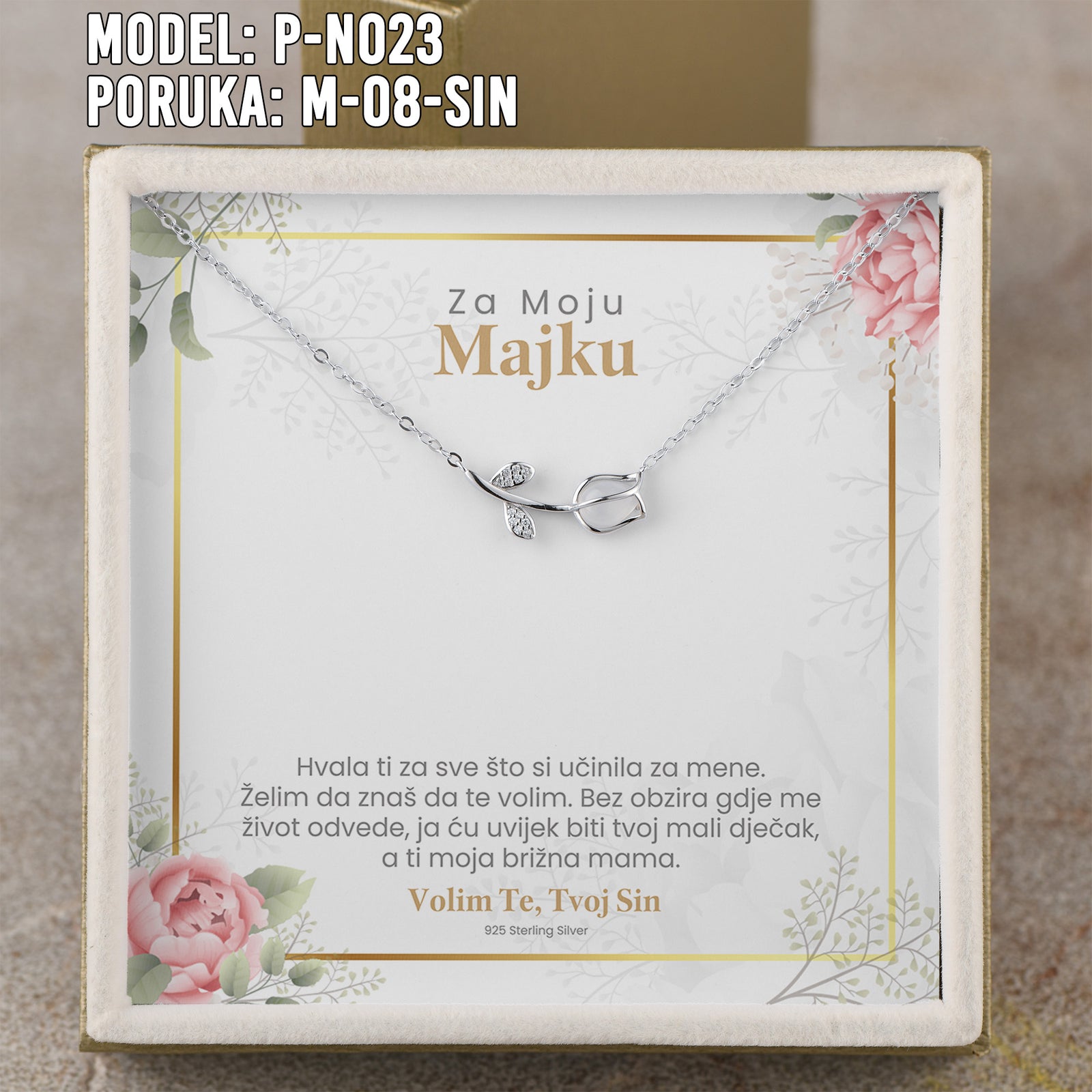 Za Moju Majku - 925 Srebreni Lančić - Poklon za Mamu sa Porukom od Sina - Voli te tvoj sin
