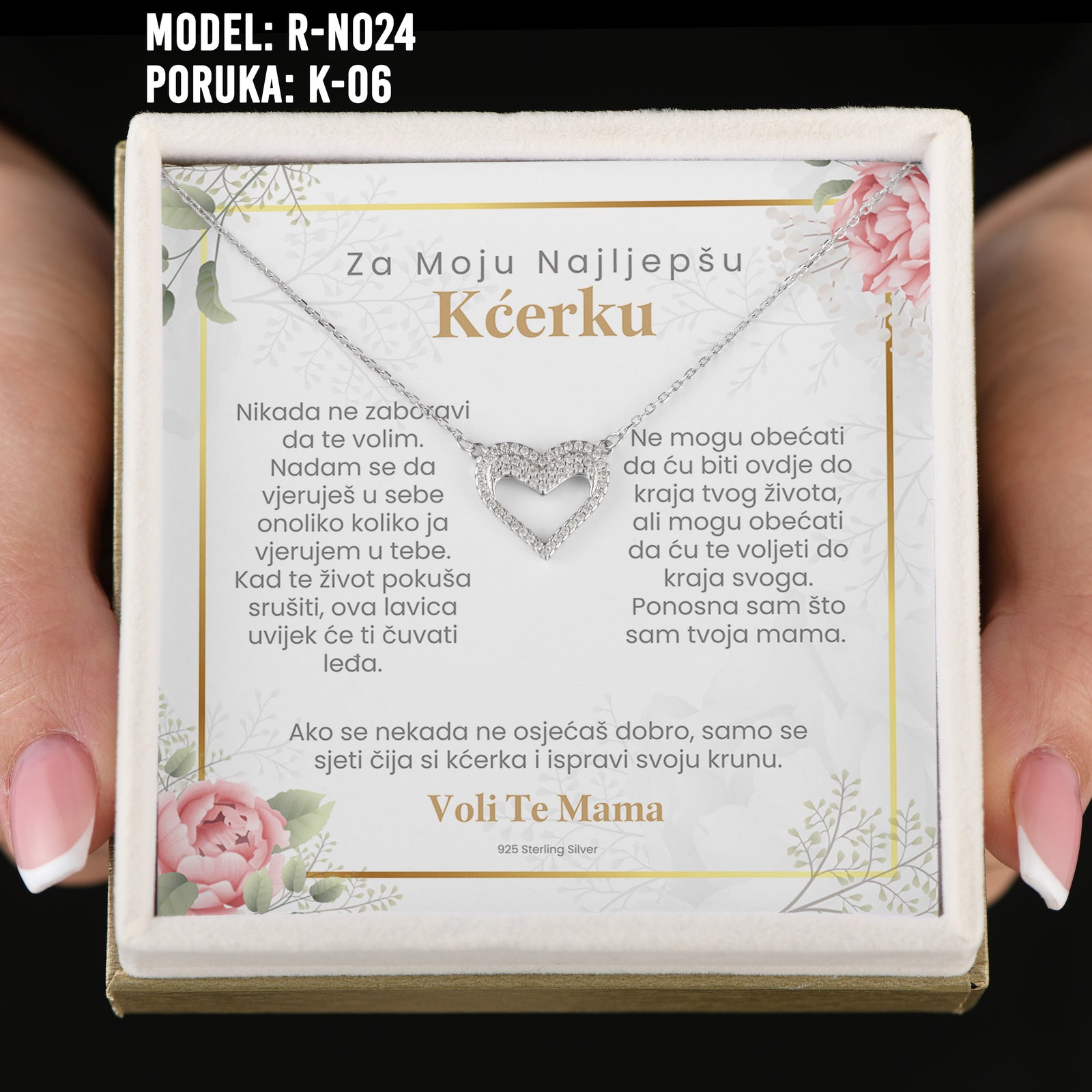 Za Moju Najljepšu Kćerku - 925 Srebreni Lančić  U Obliku Srca - Poklon za Kćerku sa Porukom od Mame