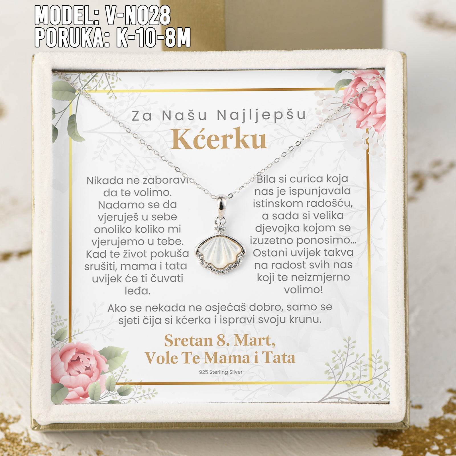 Za Našu Najljepšu Kćerku - 925 Srebreni Lančić Školjka - Poklon za Kćerku za 8. Mart sa Porukom od Mame i Tate